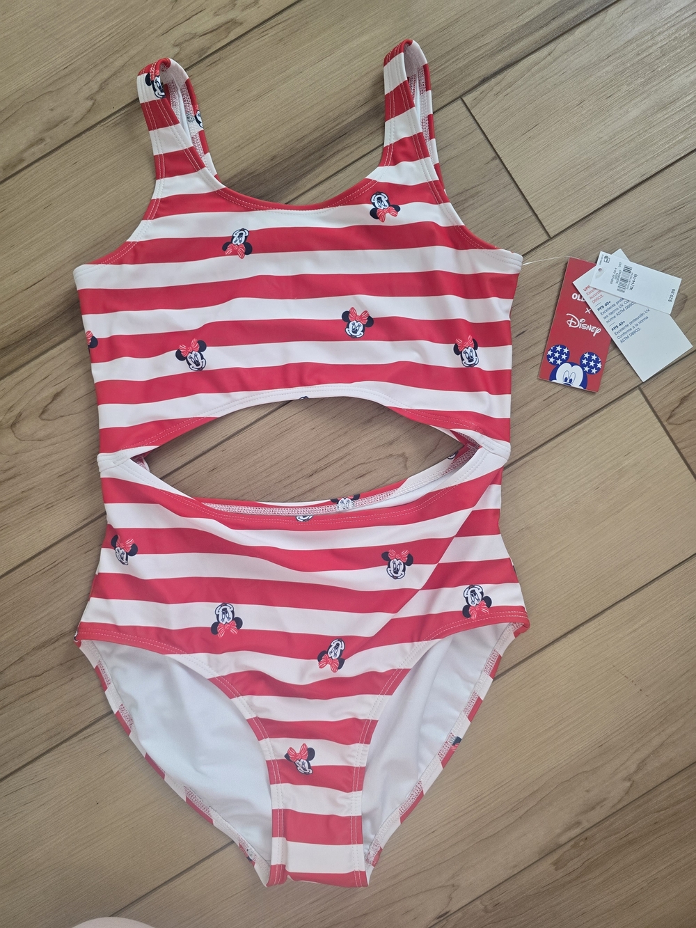 Disney Girls Red & White Striped Minnie Mouse Cutout One-Piece Swimsuit